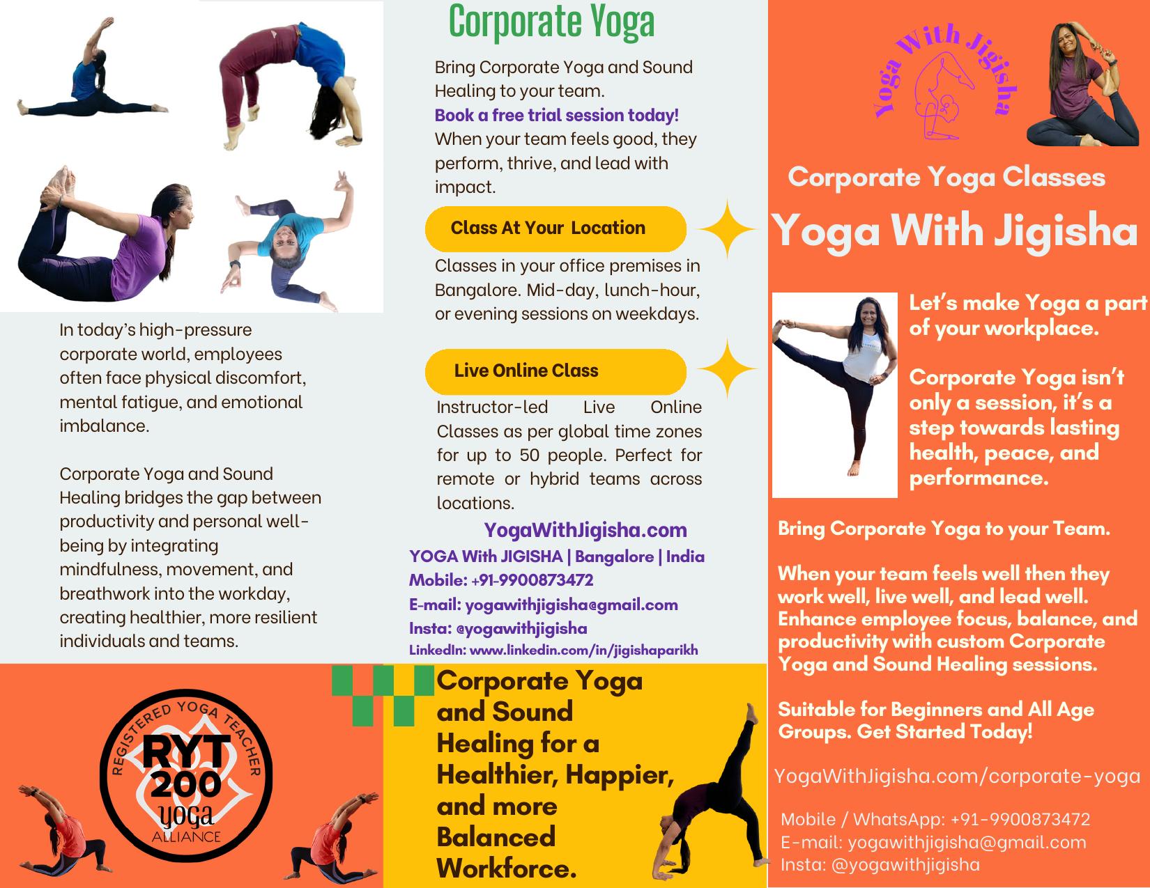 Corporate Yoga and Sound Healing brochure page 1 by Yoga With Jigisha showing program overview, on-premises and live online class options for workplaces in Bangalore and worldwide