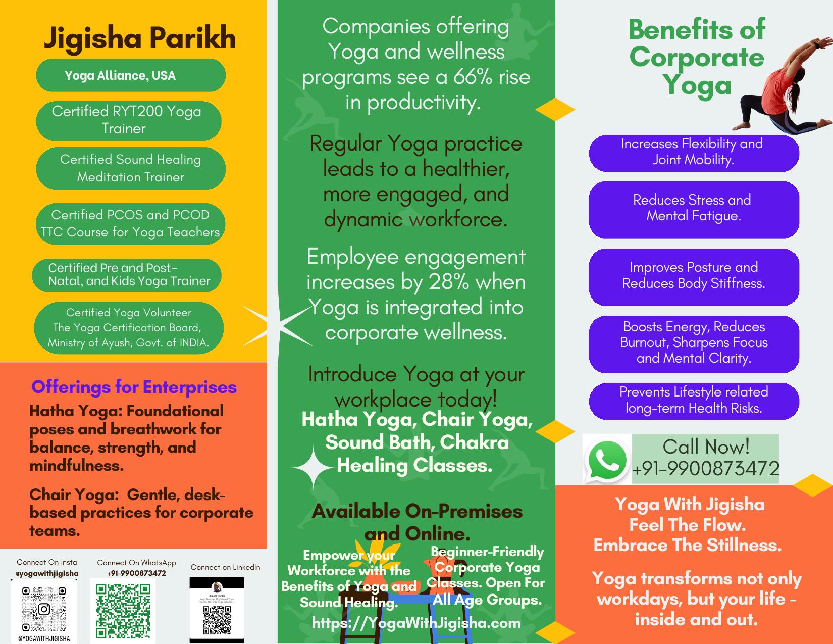 Corporate Yoga and Sound Healing brochure page 2 by Yoga With Jigisha showing trainer Jigisha Parikh credentials, enterprise offerings and benefits of corporate yoga
