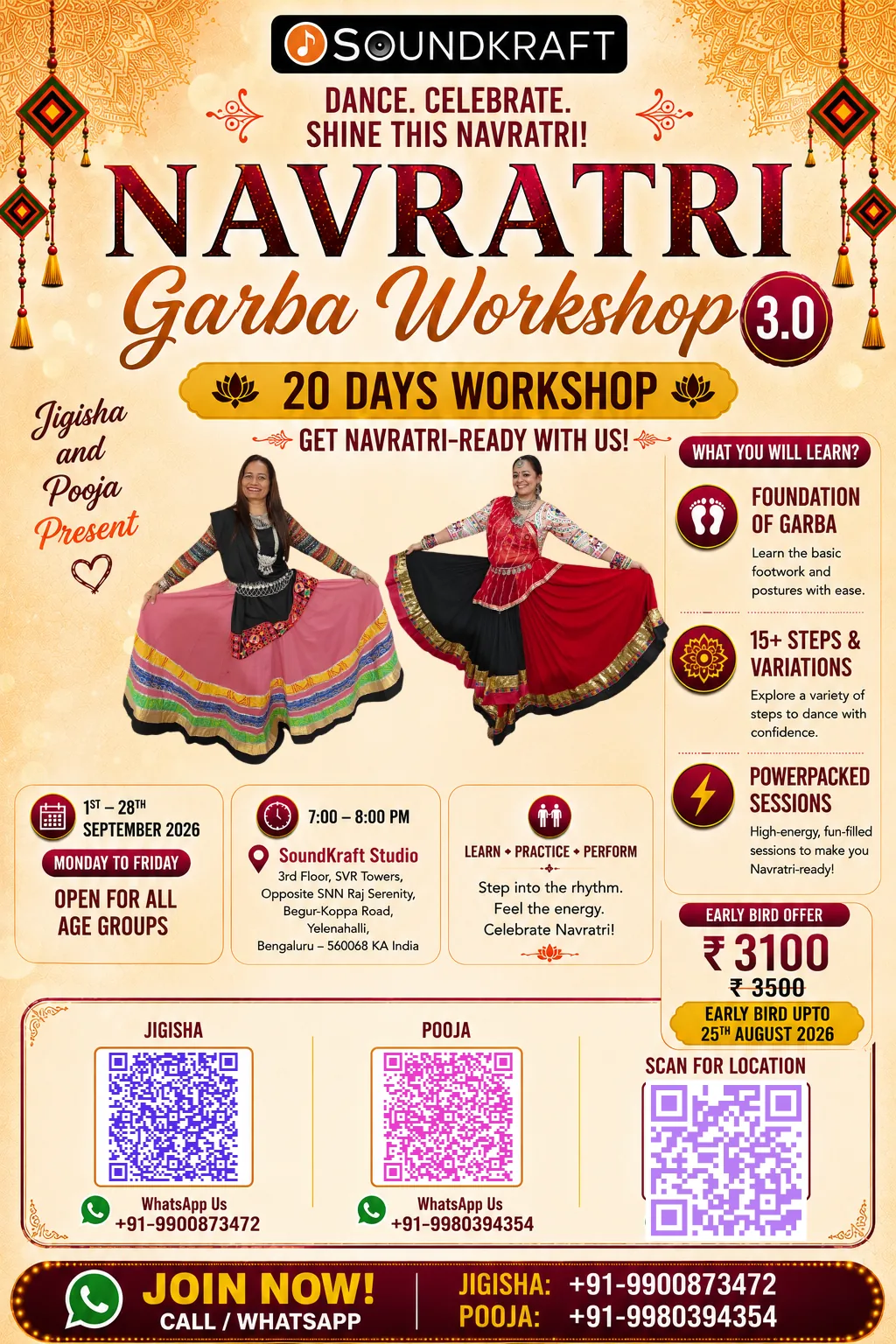 Garba Workshop 2026 poster with Jigisha and Pooja, 20 days Garba workshop from 1st to 28th September 2026 at SoundKraft Studio Yelenahalli Bangalore