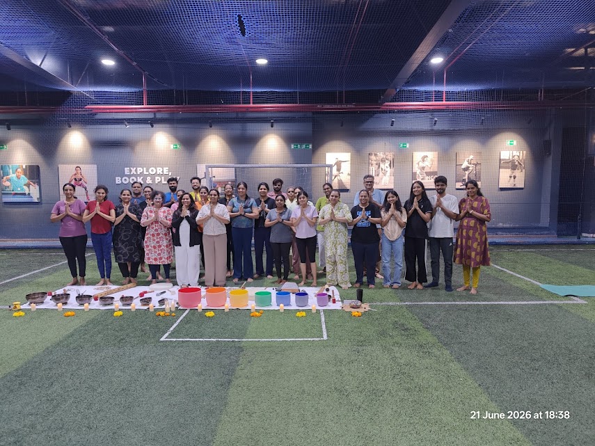 International Yoga Day 21st June 2026 group Namaste with full Sound Bath and 7 Chakra Healing Crystal Bowl setup at Decathlon Bannerghatta Road Bangalore by Yoga With Jigisha