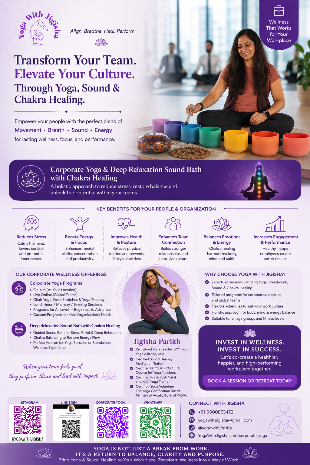 Yoga With Jigisha Corporate Flyer - Corporate Yoga, Deep Relaxation Sound Bath and 7 Chakra Healing for Workplaces in Bangalore and Online Worldwide