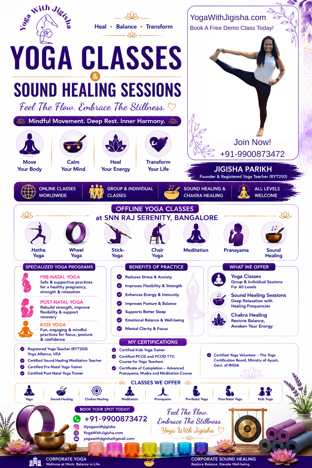 Yoga With Jigisha - Yoga Classes and Sound Healing Sessions - Bangalore India - Offline Online Corporate - 3rd July 2026 Flyer by Jigisha Parikh RYT200 Certified Yoga Teacher