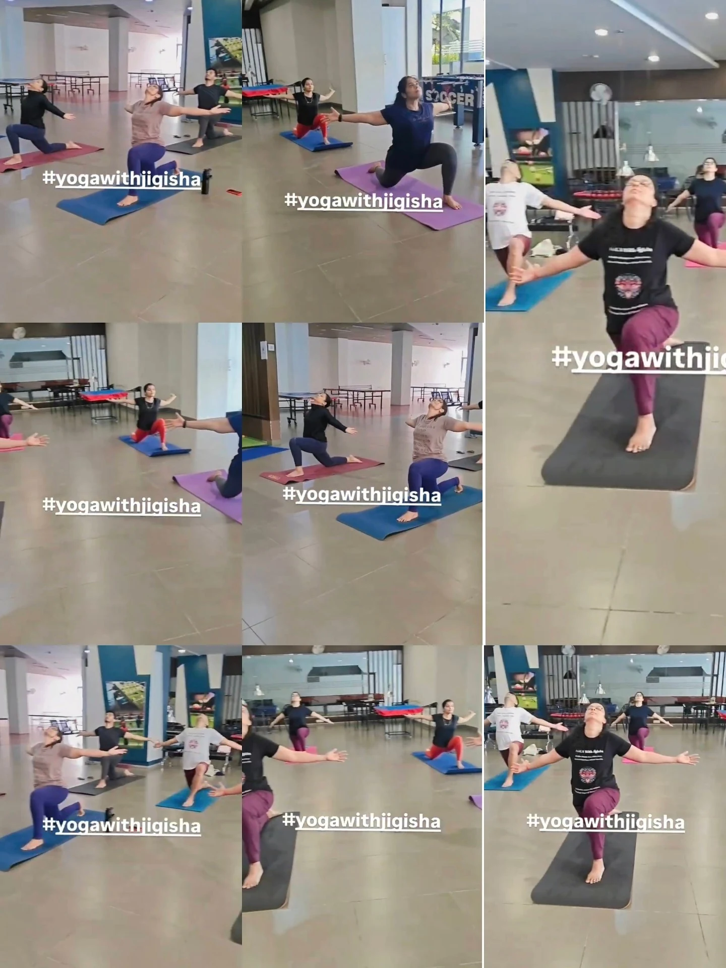 Yoga With Jigisha Collage 2026 - Nine students in Warrior pose variations during group class Bangalore