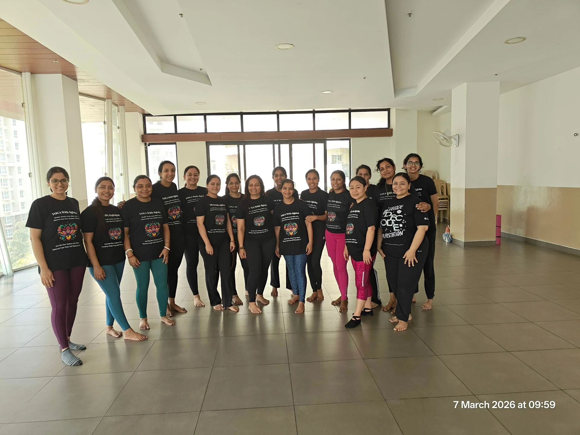 Yoga With Jigisha full group photo - Students wearing branded t-shirts at studio in Bangalore March 2026