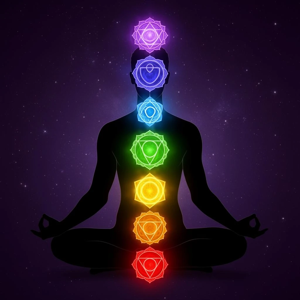 Seven chakras energy centers diagram showing root, sacral, solar plexus, heart, throat, third eye and crown chakras aligned along a meditating figure with cosmic purple background