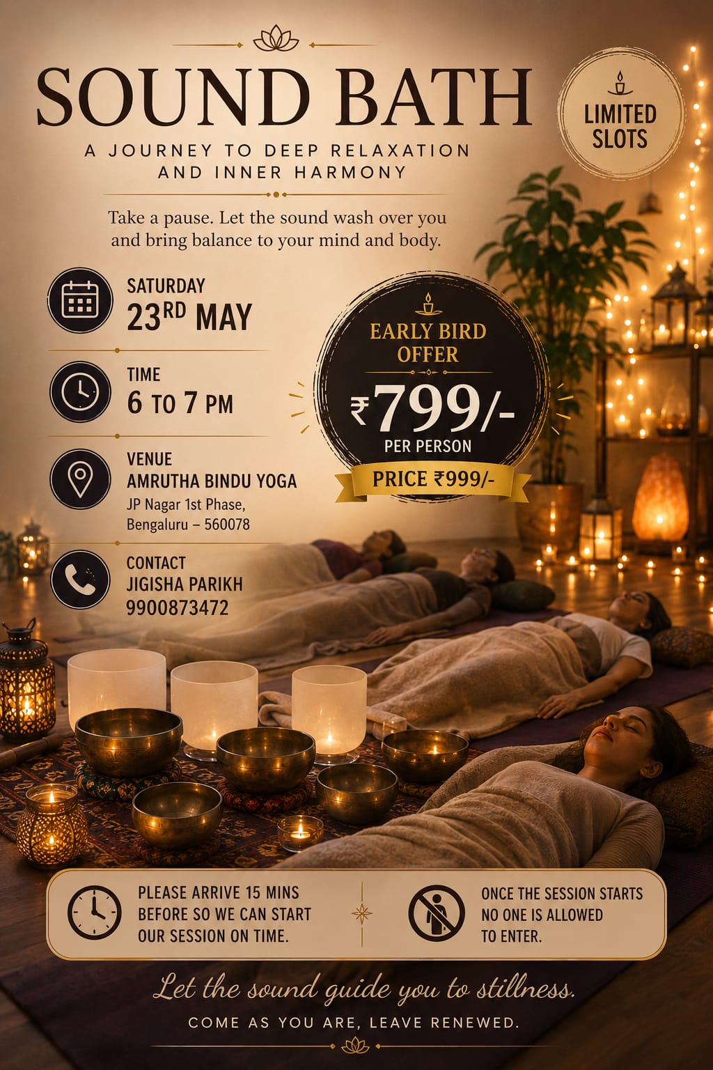 Past Event: Sound Bath and Chakra Healing - Amrutha Bindu Yoga JP Nagar - 23rd May 2026 - Yoga With Jigisha Past Event: Sound Bath, Sound Healing and Chakra Healing at Amrutha Bindu Yoga JP Nagar Bangalore on Saturday 23rd May 2026 by Jigisha Parikh of Yoga With Jigisha