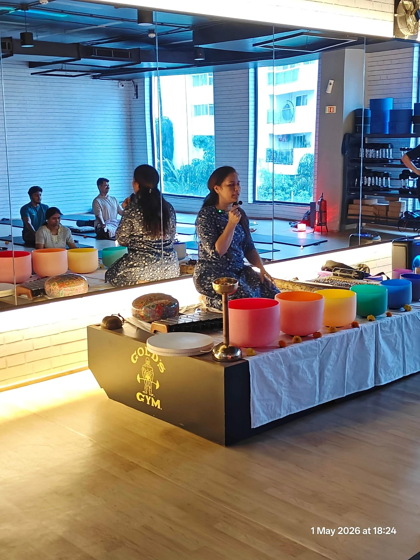 Jigisha Parikh leading Sound Bath Session with Crystal Bowls at Gold's Gym Yelenahalli Begur Road Bangalore