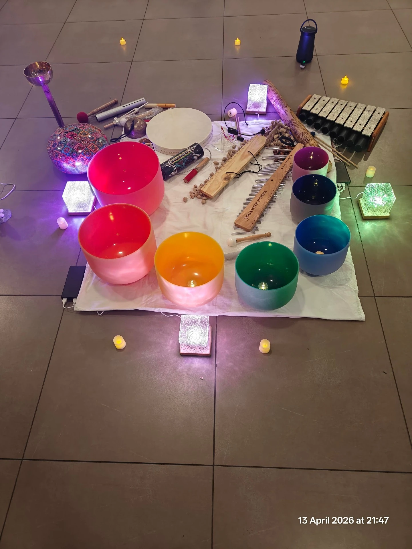 Sound Healing accessories featuring Crystal Bowls Wind Chimes Rain Stick Thunder Drum and Full Moon Metal Singing Bowls at Yoga With Jigisha Bangalore