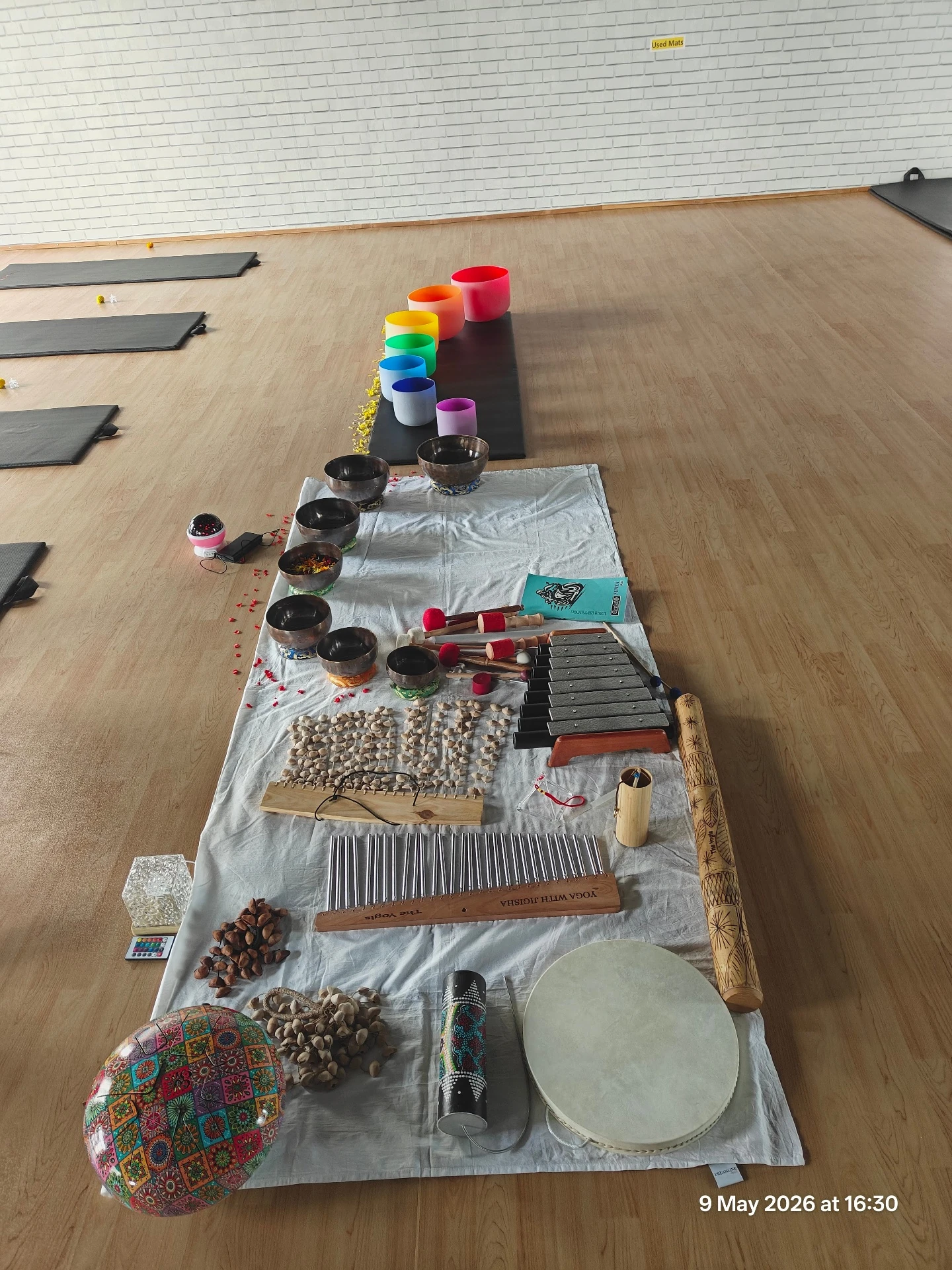Full Moon Crystal Bowls, 7 Chakra Crystal Bowls, Full Moon Metal Singing Bowls, Xylophone, Wind Chimes, Rain Stick and accessories for Sound Healing at Yoga With Jigisha Bangalore