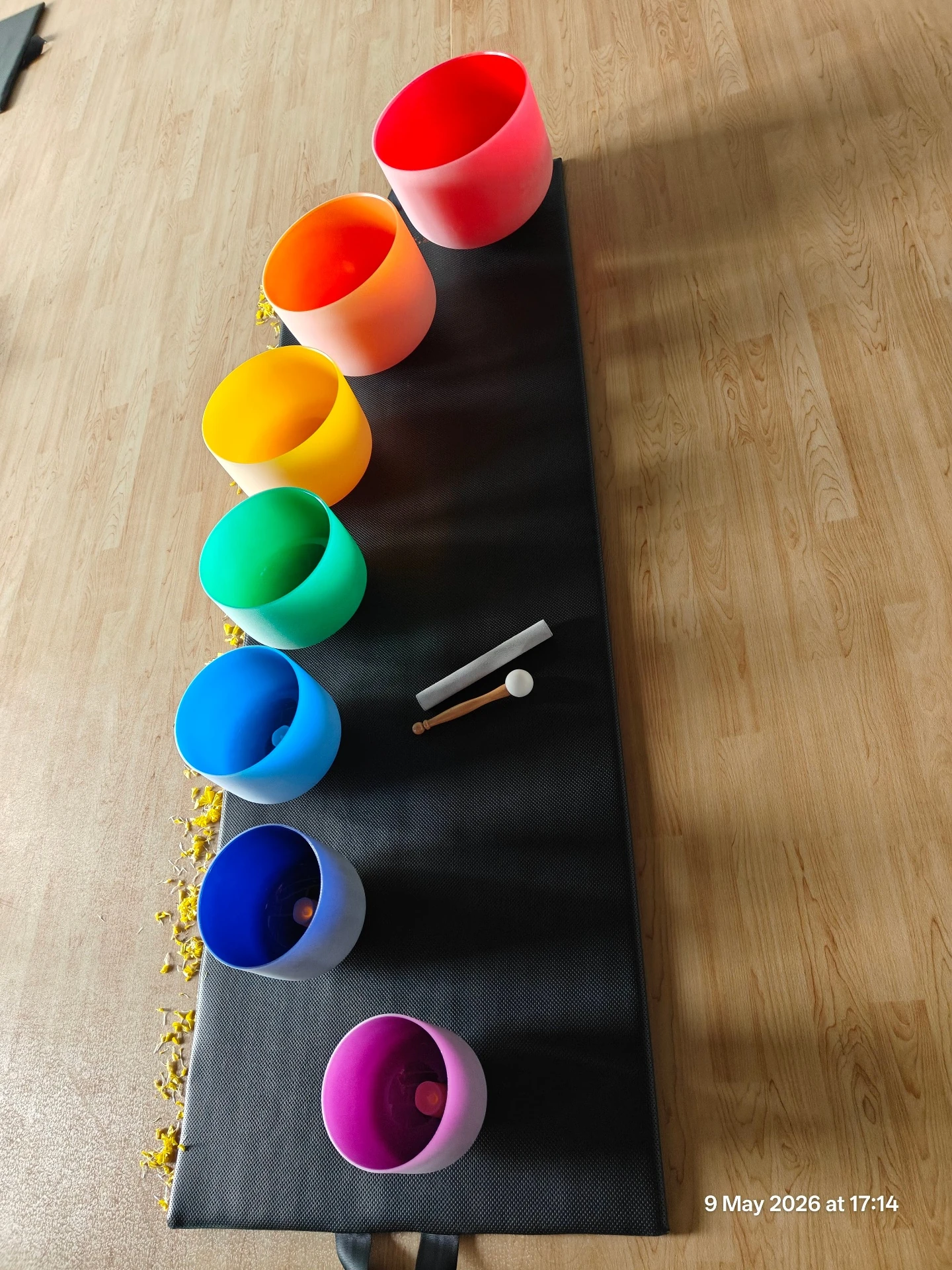 Seven Chakra Rainbow Crystal Singing Bowls arranged for Sound Healing session at Yoga With Jigisha Bangalore