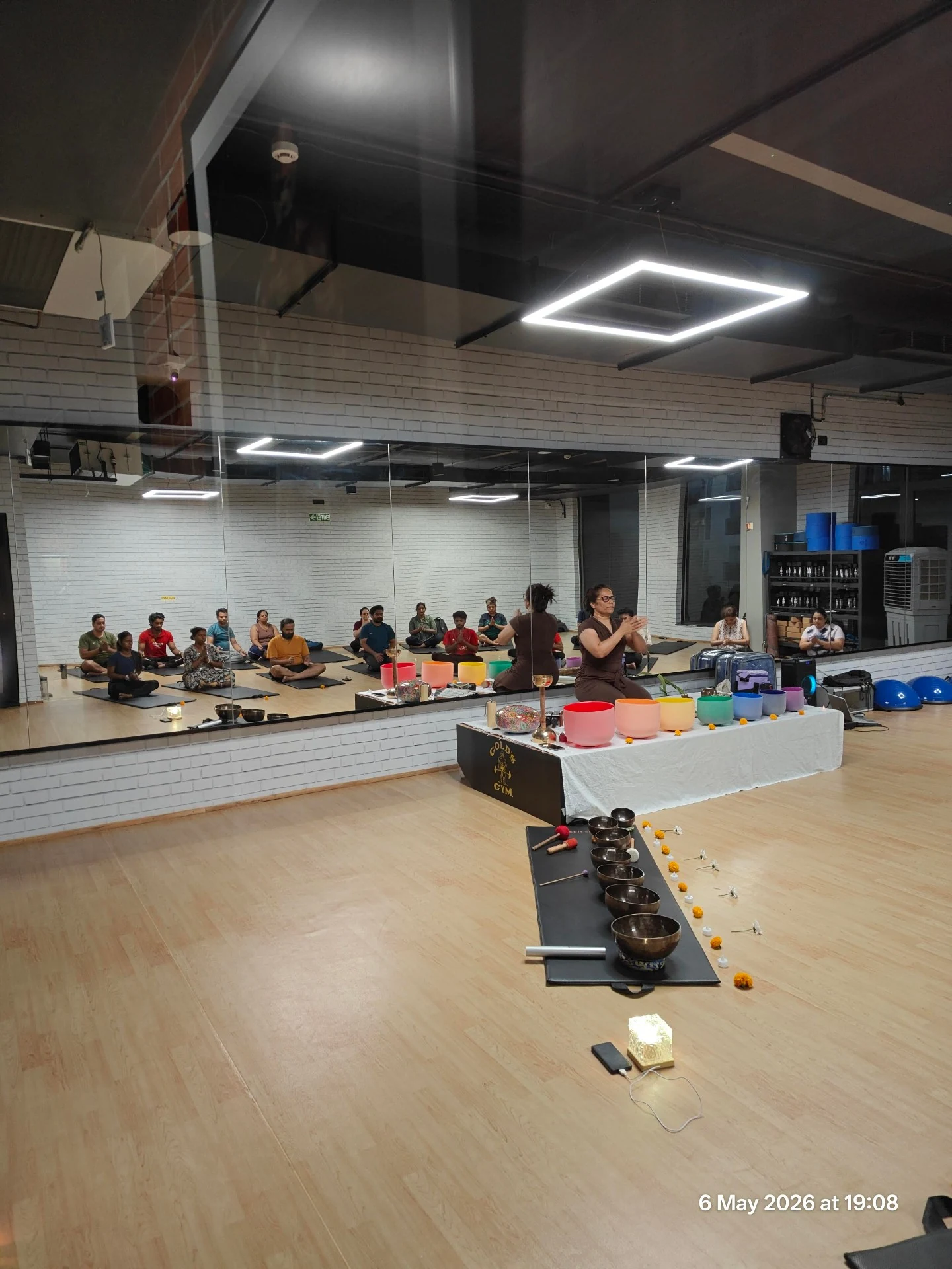 Corporate Sound Healing Workshop at Gold's Gym Yelenahalli with Crystal Bowls and Full Moon Metal Singing Bowls - Yoga With Jigisha Bangalore May 2026