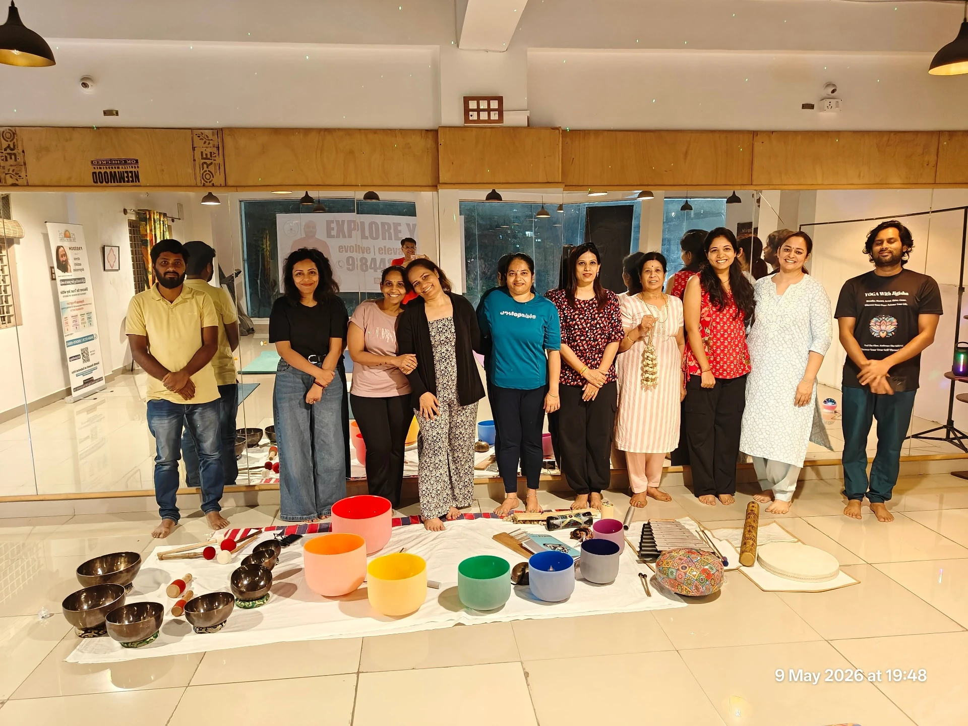 Mother's Day Sound Bath group photo with full Crystal Bowl setup at Soundkraft Bangalore by Yoga With Jigisha