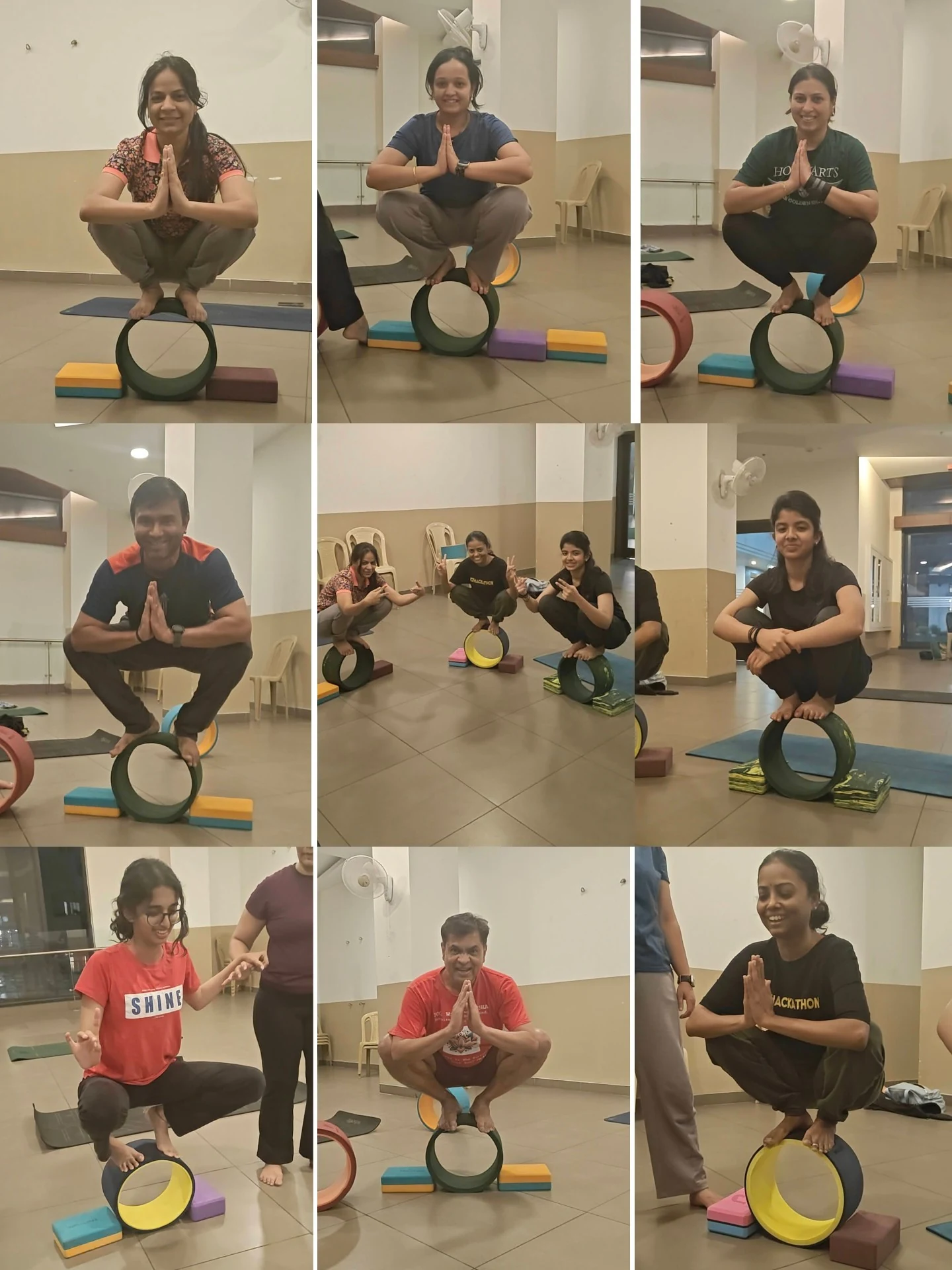 Wheel Yoga Collage - Nine students balancing on yoga wheels in Namaste pose at Yoga With Jigisha Bangalore 2026