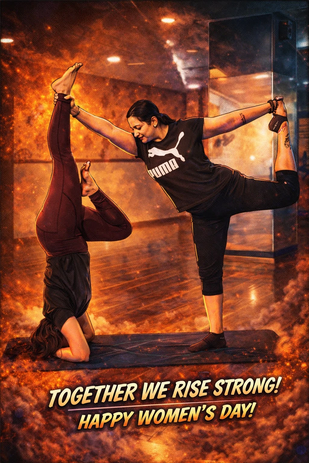 Women's Day Special Yoga - Two yoginis performing partner yoga poses celebrating International Women's Day 2026 at Yoga With Jigisha Bangalore